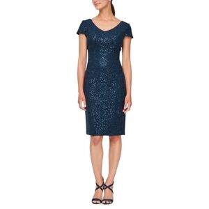 Alex Evenings Navy Blue Sequin Corded Lace Cocktail Dress. Size 12